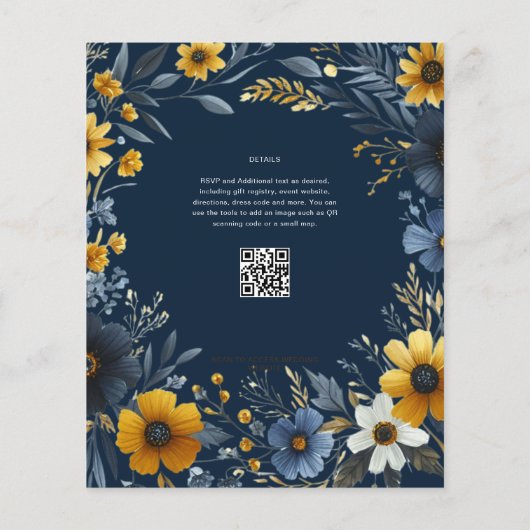 Papier Elégant Mariage floral bleu bleu jaune or marine (Dos)