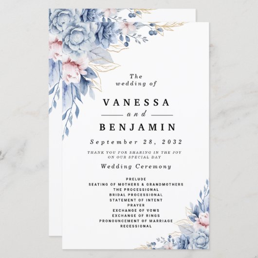 Papier Élégant Mariage floral bleu et blanc (Devant / Derrière)