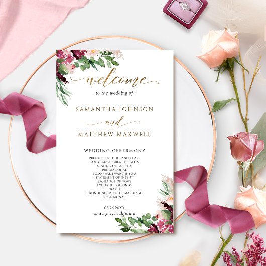 Papier Élégant Mariage floral de Bourgogne rose et bleu