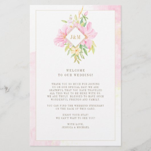 Papier Élégant Monogramme Floral Mariage Bienvenue Itinér (Devant)