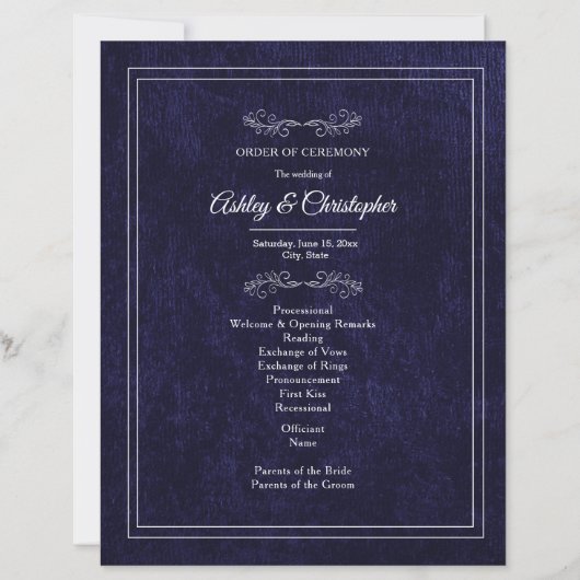Papier Elegant Navy Blue Velvet White Wedding Program (Devant)