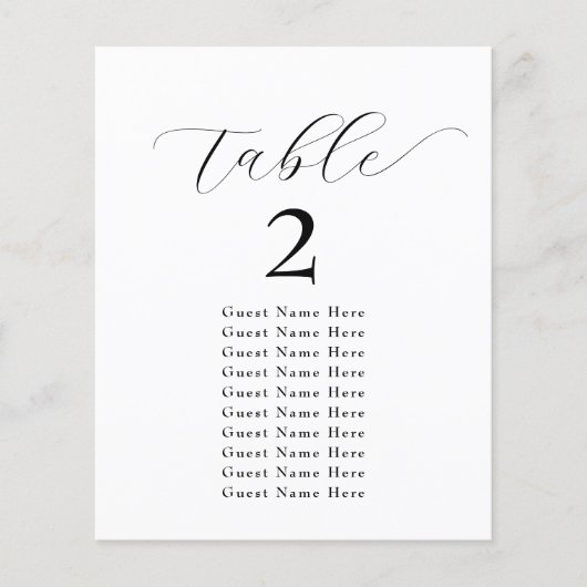 Papier Élégant Nombre de table Noms Noir Blanc Minimalist (Devant)