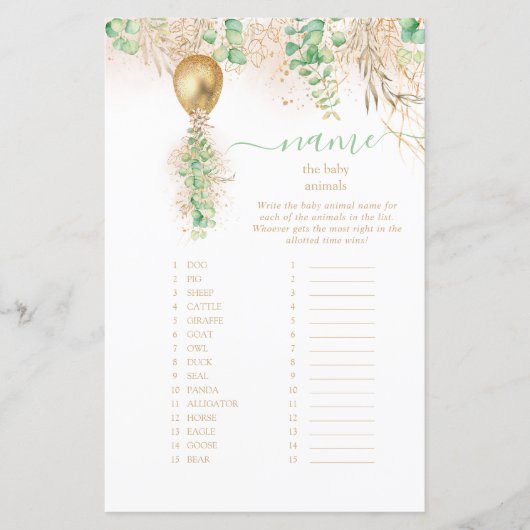 Papier Elégant or Floral Nom bébé Baby shower animal (Devant)