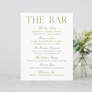 Papier Élégant Panneau de Bar de Mariage Vert Sage et Bla