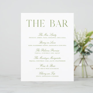 Papier Élégant Panneau de Bar de Mariage Vert Sage et Bla