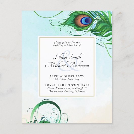 Papier Elégant PEACOCK FEATHER Mariage Inviter BUDGET (Devant)