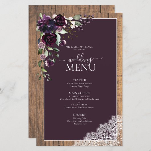 Papier Élégant Plum violet rustique Mariage Script (Devant / Derrière)