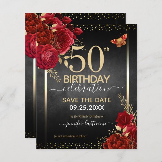 Papier Élégant Rose 50e anniversaire Enregistrer la date  (Devant / Derrière)