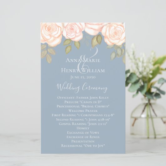 Papier Elégant Rose aquarelle Dusty Blue Wedding Programm (Debout devant)