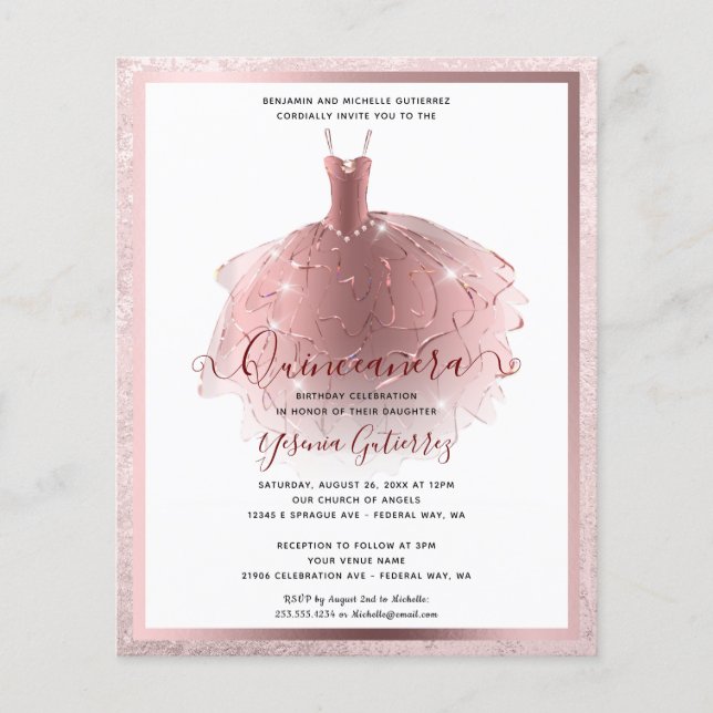 Papier Élégant Rose Budget Gold Quinceañera Invitation (Devant)