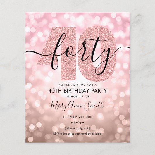 Papier Élégant Rose Gold 40e anniversaire Invitation de f (Devant)