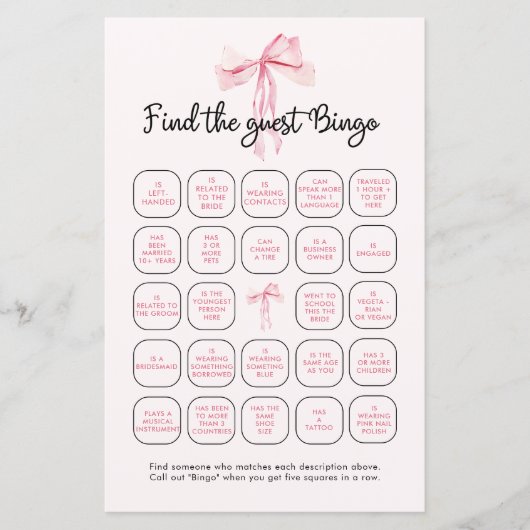 Papier Élégant Ruban Rose Trouver Le Jeu De Bingo Invité (Devant)