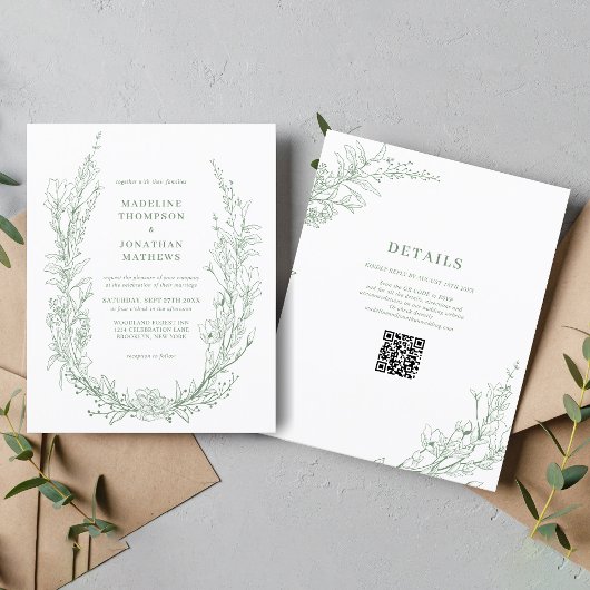Papier Elegant Sage Green Floral Wreath QR Code Wedding