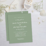 Papier Elegant Sage Green White Budget Wedding Invitation<br><div class="desc">Elegant wedding invitations feature beautiful classic calligraphy & lettering in crisp white on a solid sage green background. Borderless design allows you to easily choose the paper shape & size for your invitation to invite guests to your celebration. Two decorative flourishes each containing a single heart delicately envelope the name...</div>