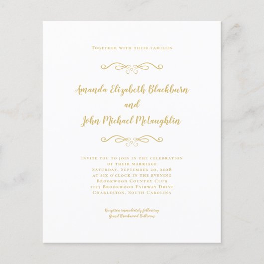 Papier Élégant Script Gold Chic Budget Faire-part de mari (Devant)