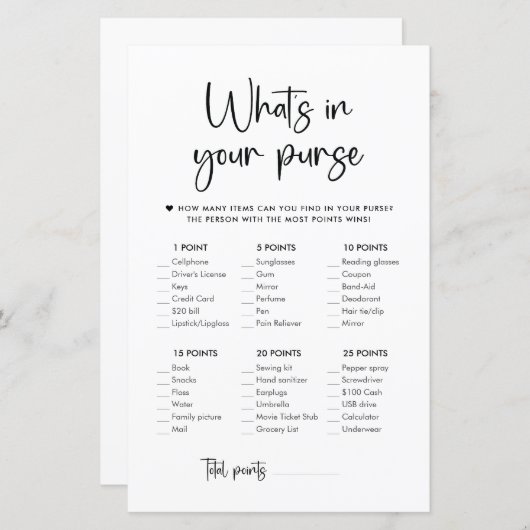 Papier Élégant script moderne | What's In Your Purse Game (Devant / Derrière)