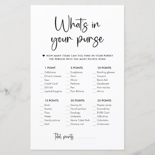 Papier Élégant script moderne | What's In Your Purse Game (Devant)