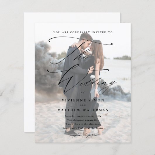 Papier Élégant script photo budget Faire-part de mariage (Devant / Derrière)