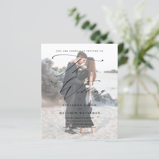 Papier Élégant script photo budget Faire-part de mariage (Debout devant)