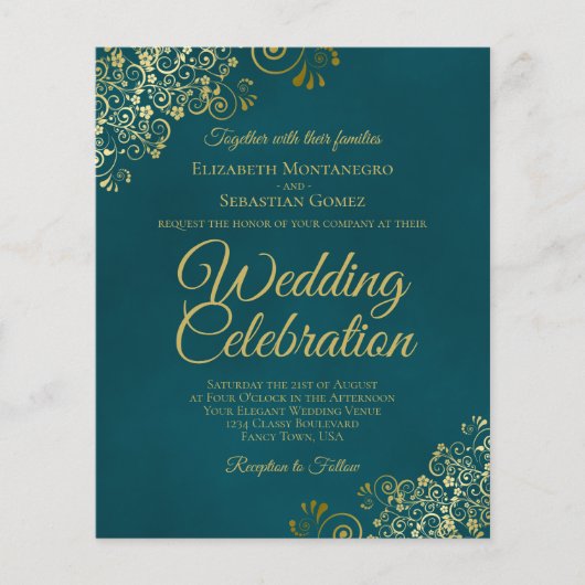 Papier Elegant Teal & Gold BUDGET Wedding Invitation (Devant)