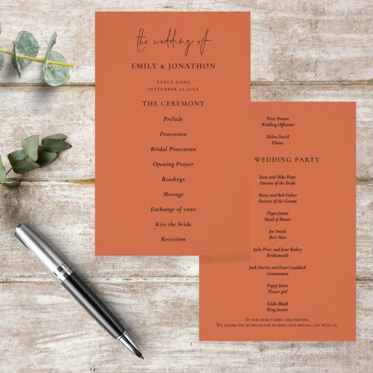 PAPIER | Elegant Text Terracotta Wedding Programme Flyer