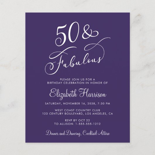 Papier Elégant violet 50e anniversaire Invitation de fête (Devant)