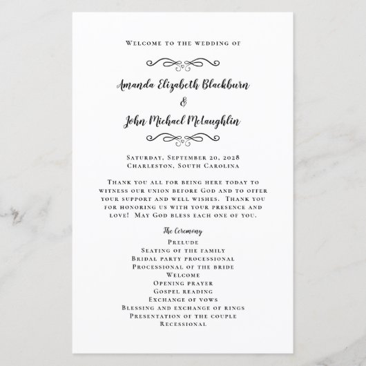 Papier Élégante cérémonie de mariage Black White Programm (Devant)