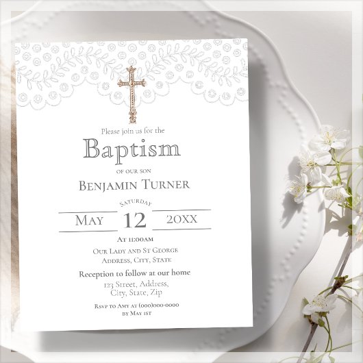 Papier Elégante dentelle blanche | Invitation au baptême