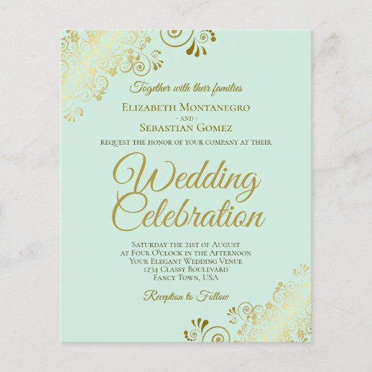 Papier Elégante Faire-part de mariage BUDGET À Monnaie Or (Devant)