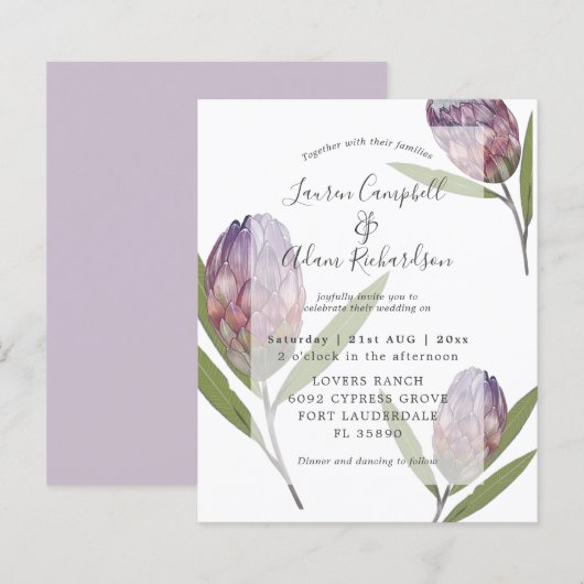 Papier Élégante invitation de mariage Protea Violet Budge (Devant / Derrière)