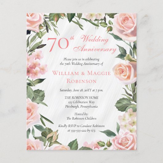 PAPIER Elegante Roze Bloemen 70ste Jubileum Party (Voorkant)