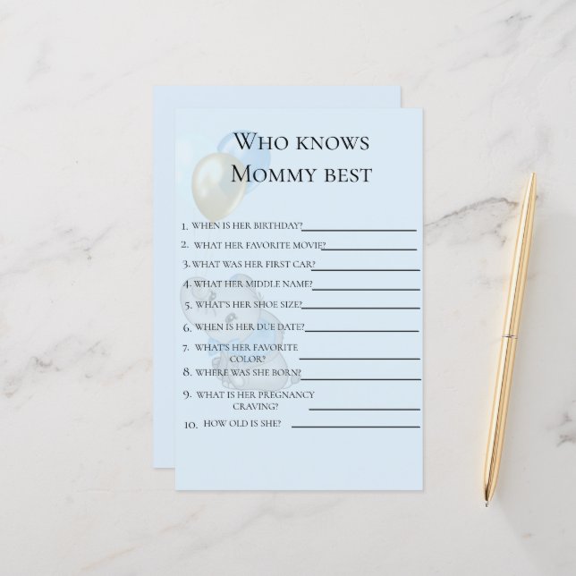 Papier Élément de jeu pour Baby Shower "L'Éléphant Bleu q (Devant/Arrière en situation)