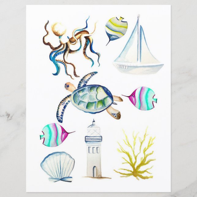 Papier Éléments d'océan à l'aquarelle à découper et à col (Devant)