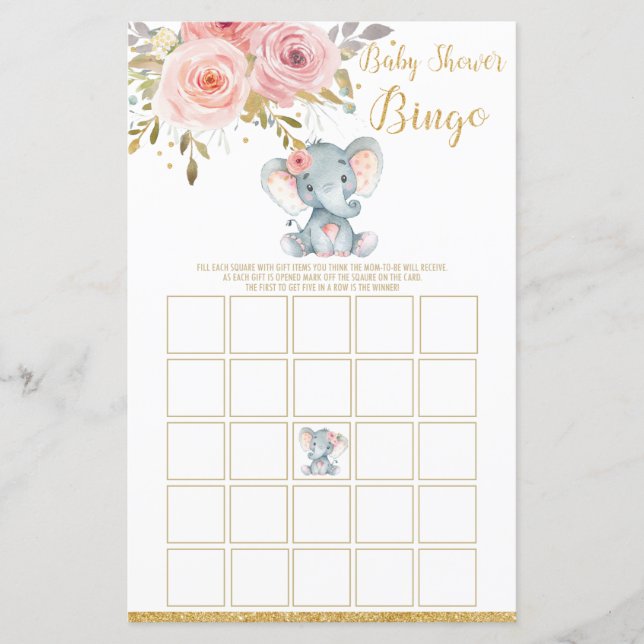 Papier Elephant Baby shower Bingo Activité de jeu Fille (Devant)