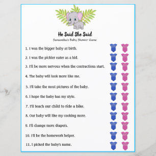Papier Elephant Baby shower Garçon Il A Dit Qu'Elle A Dit