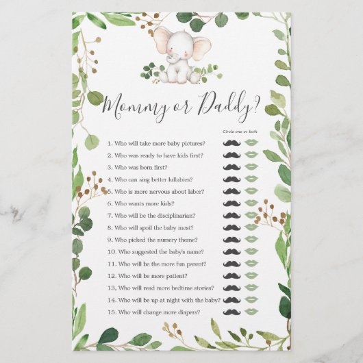 Papier Elephant Baby shower maman ou papa jeu (Devant)