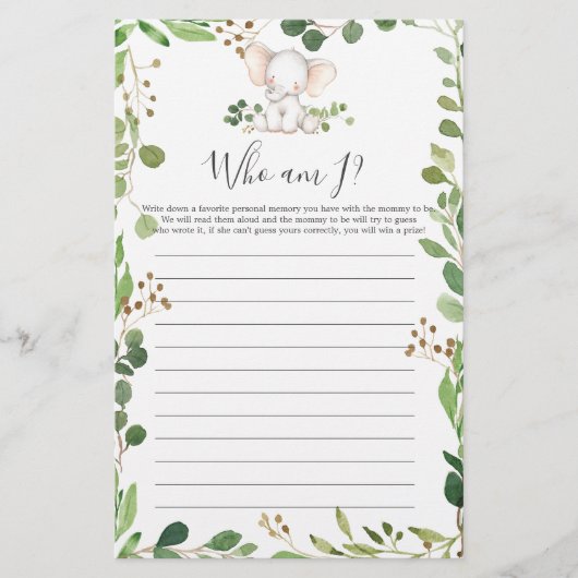 Papier Elephant Baby shower Qui Suis-Je Jeu (Devant)
