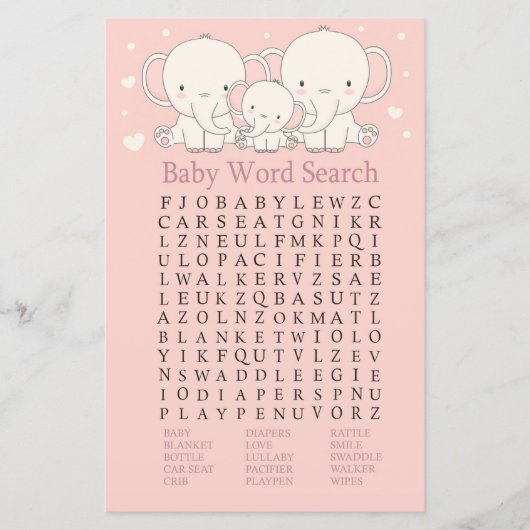 Papier Eléphant Baby shower Word Jeu de recherche (Devant)