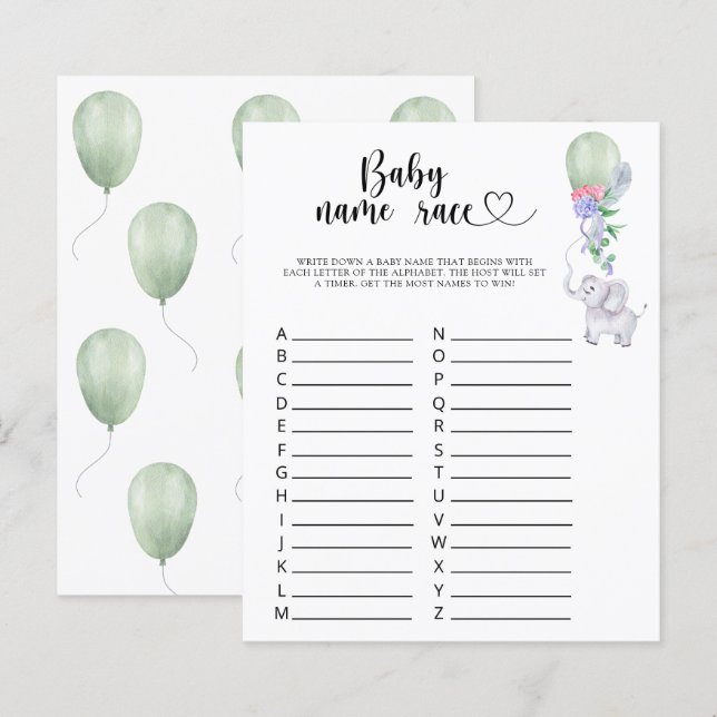 Papier Éléphant & Ballon - Jeu de course de noms de bébé (Devant / Derrière)