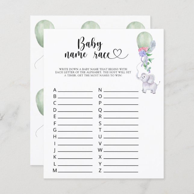 Papier Elephant & Balloon - jeu de course de nom de bébé (Devant / Derrière)