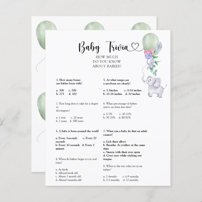 Papier Elephant & Balloon - Trivia bébé | Jeu Baby shower (Devant / Derrière)