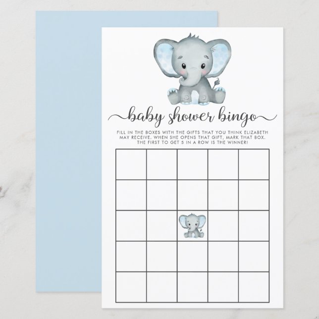 Papier Elephant Bleu Aquarelle Baby Bingo Douche Jeu (Devant / Derrière)
