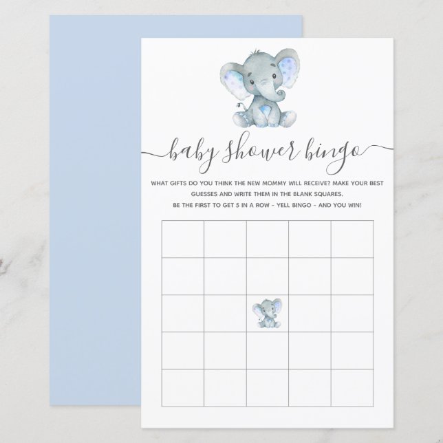 Papier Elephant Bleu Aquarelle Baby Bingo Douche Jeu (Devant / Derrière)