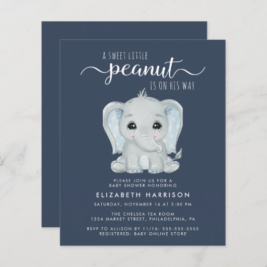 Papier Eléphant Bleu Bébé garçon douche Invitation (Devant / Derrière)
