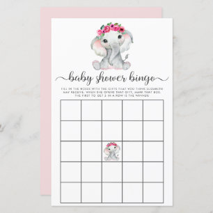 Papier Elephant rose Aquarelle Bingo Baby shower Jeu