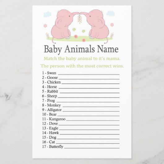 Papier Eléphant rose Bébé Animaux Nom Jeu (Devant)