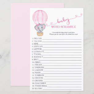 Papier Eléphant rose Bébé Fille Douche Mot Scramble Jeu