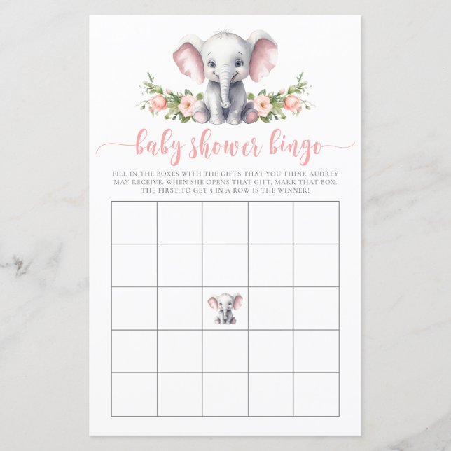 Papier Eléphant rose Floral Bingo Jeu de douche (Devant)
