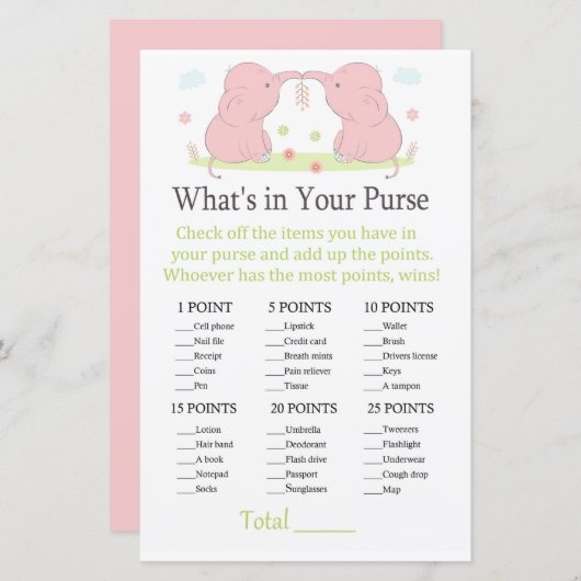 Papier Eléphant rose Qu'y a-t-il dans votre sac à main (Devant / Derrière)
