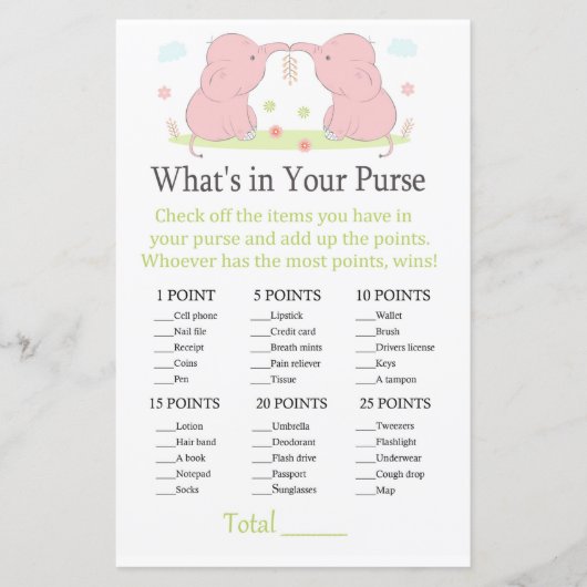 Papier Eléphant rose Qu'y a-t-il dans votre sac à main (Devant)